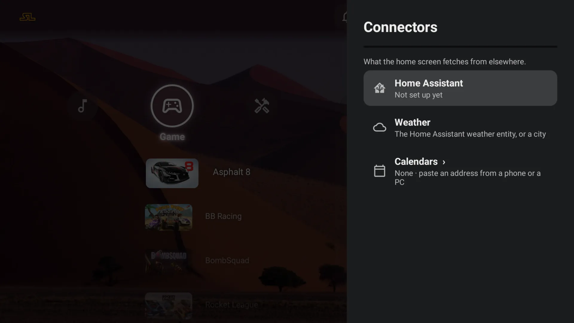 Les réglages des connecteurs : Home Assistant, météo, agendas
