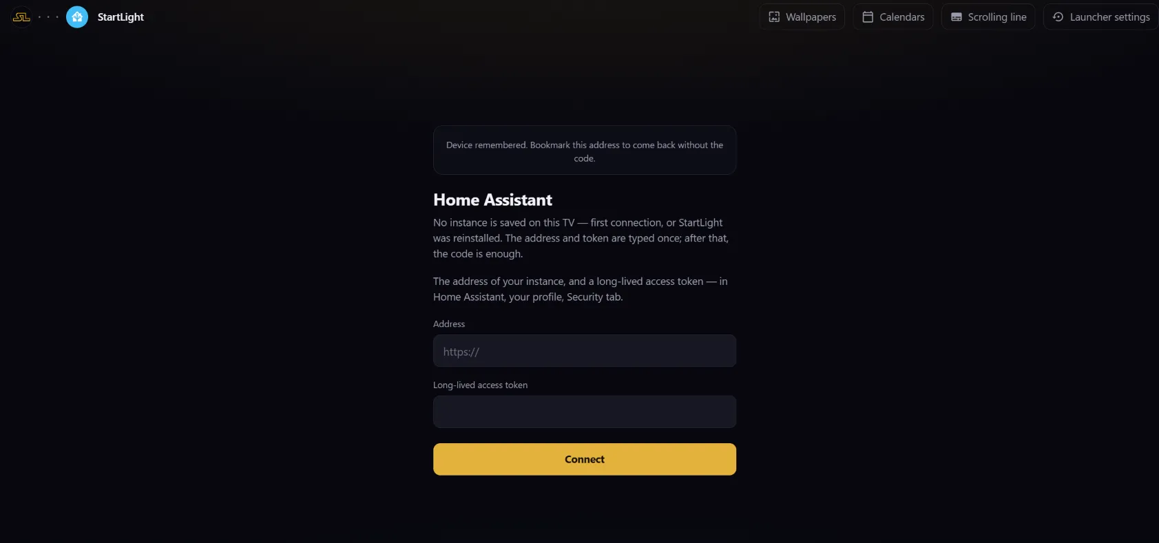 La page sur l’ordinateur demande l’adresse et le jeton de Home Assistant